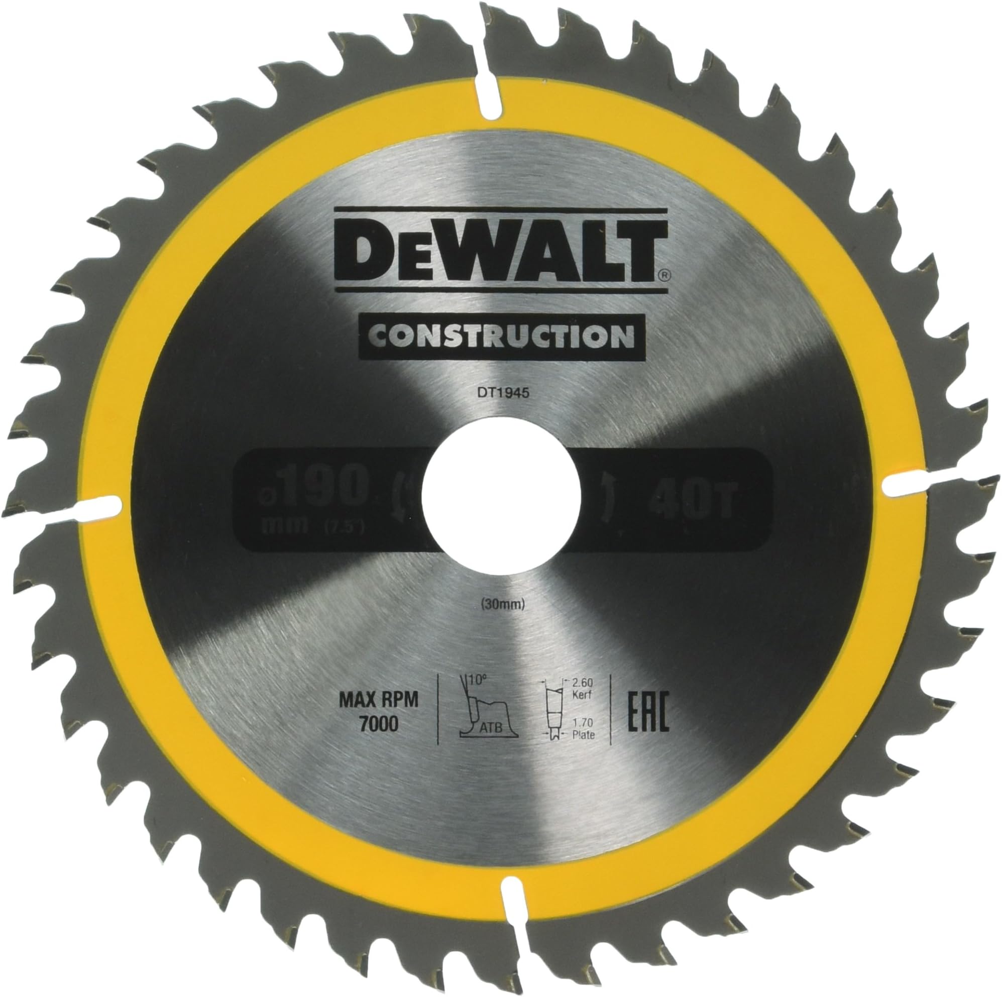 DEWALT DT1945-QZ DT1945-QZ-Hoja para construcción 190x30mm 40T (AC)