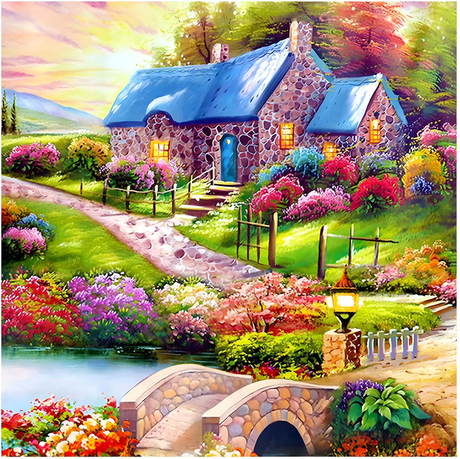 MXJSUA 5D DIY Diamond Painting Kit by Number Full Drill Round Beads Crystal Rhinestone Picture Supplies Wall Sticker Decor 30x30cm Flower House
