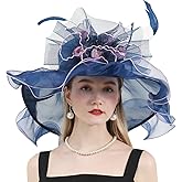 Women Organza Church Derby Hat Wide Brim Sun Hats for Wedding Tea Party Fascinator Hat with Detachable hat Flower as Headgear