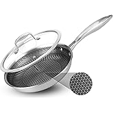 NutriChef 8" Stainless Steel Frying Pan with Lid -Triply Kitchenware Stir Fry Pan Kitchen Cookware w/DAKIN Etching Nonstick Coating, Scratch-resistant Raised-up Honeycomb Fire Textured Pattern -NC3PL8