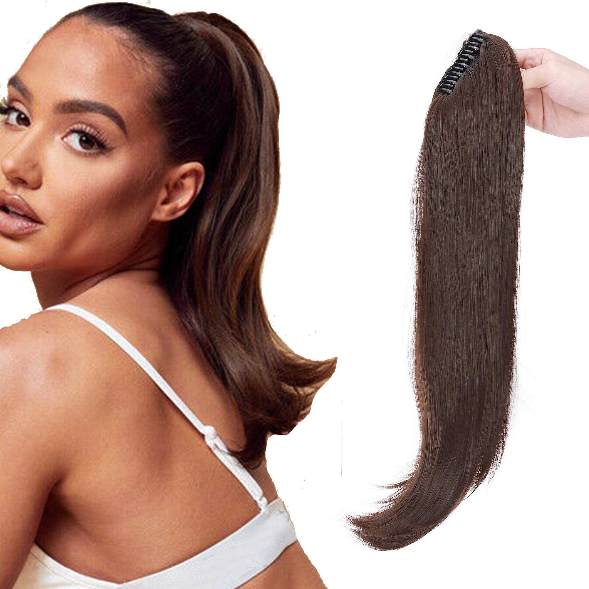 Claw Ponytail Hair Extension Cute Clip In On Ponytail With Claw Jaw Hairpiece One Piece Straight to Small Wave Wavy Tail Synthetic Heat Resistant Hair for Daily Use 22inch 56cm Medium Brown