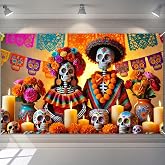 BlissYard Day of the Dead Banner 71 x 43 Inch Sugar Skull Couple Backdrop | Dia De Los Muertos Decorations, Sugar Skull Couple Marigold Photography Background for Mexican Fiesta and Halloween Party
