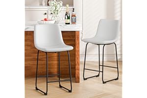 Aowos Bar Stools Set of 2, 26inches Counter Height Bar Stools with Back, Modern Bar Stools for Kitchens Island, Faux Leather Bar Chairs with Metal Legs and Footrest (White)