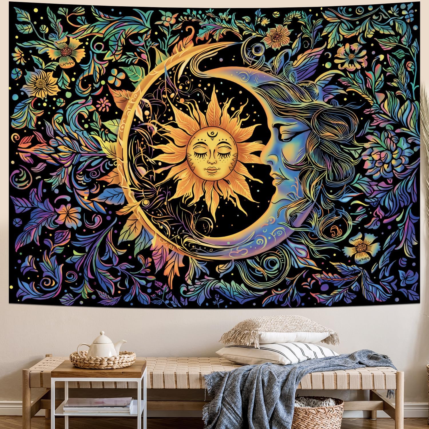 Tapestries - Sun and Moon Tapestry Psychedelic Mystic Floral Tapestry Hippie Boho Flower Plants Wall Tapestry Vintage Aesthetic Tapestry Wall Hanging for Bedroom