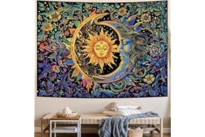 OBSECOLORS Sun and Moon Tapestry Psychedelic Mystic Floral Tapestry Hippie Boho Flower Plants Wall Tapestry Vintage Aesthetic Tapestry Wall Hanging for Bedroom