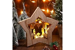 BUCHERRY Wooden Nativity Scene Set Christmas Nativity Scene Tabletop Set Christmas Ornament Christian Religious Rustic Decorations with LED Light for Shelves Tables Decorations Indoor Decor(Star)