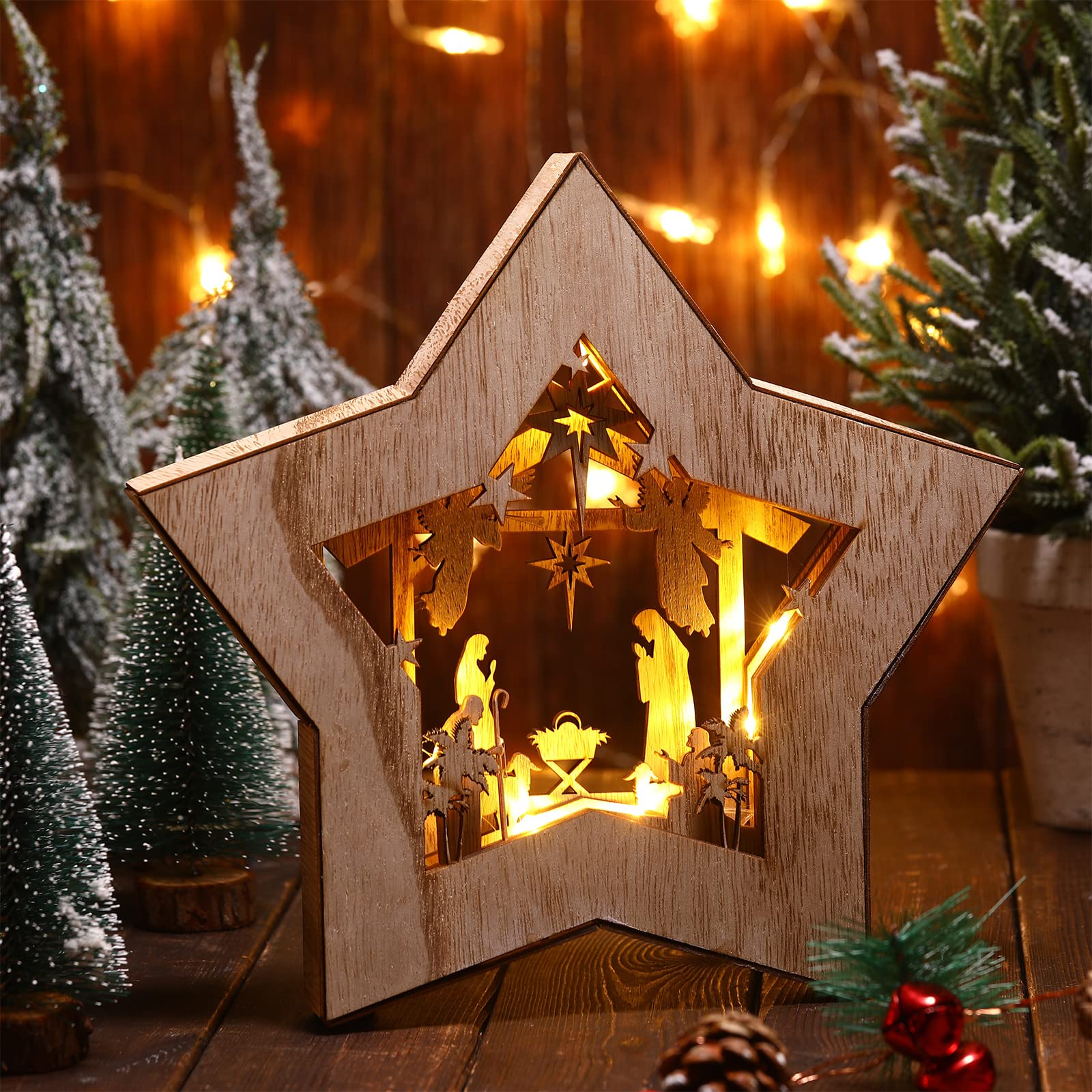 Photo 1 of Rustic Wooden Nativity Set Ornament - Christmas Decor with LED Lights for Shelves and Tables