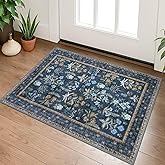 Lansny Boho Entryway Rug 2x3 Washable, Navy Floral Kitchen Rug, Super Thin Faux Wool Small Area Rug, Non-Slip Soft Carpet for Foyer, Bedroom, Office
