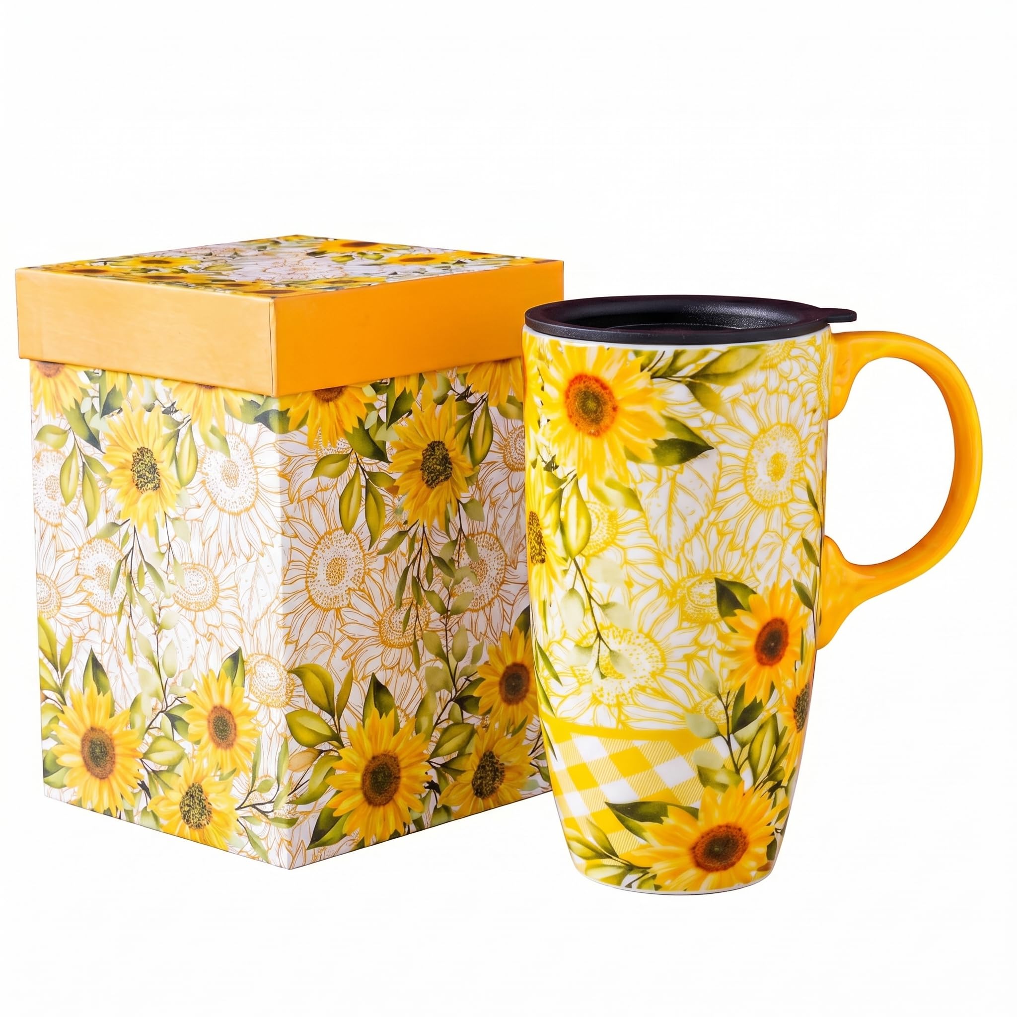 Topadorn Ceramic Travel Mug with Lid and Handle for Coffee Lovers Ceramic Coffee Mug Latte Teacup Milk Mug in Color Box 17 Oz, Yellow Flowers