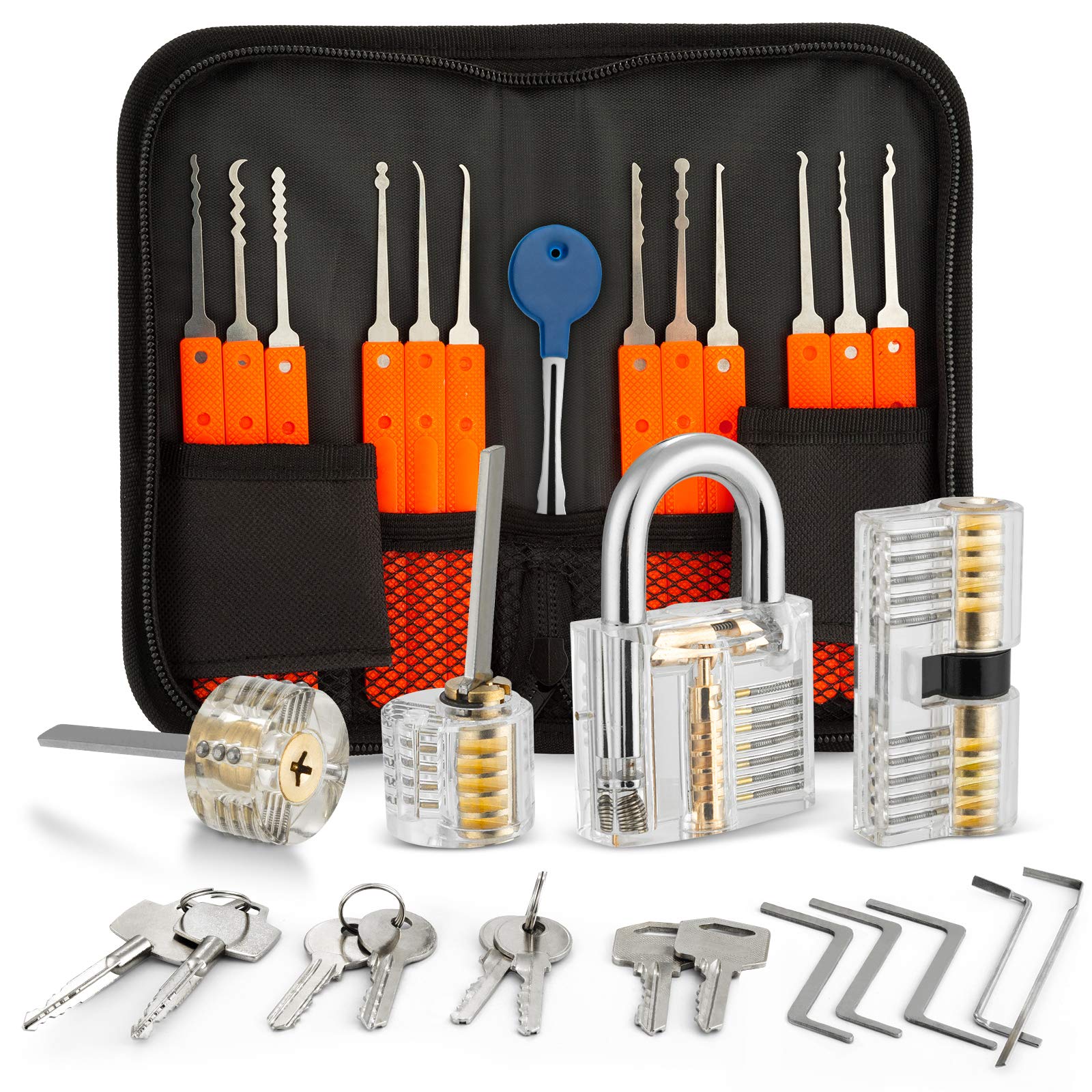 Eventronic 30+4 Lock Pick Set, 30-Piece Lock Picking Tools with 4 Transparent Training Locks and Manual and Zip Case for Lockpicking, Extractor Tool for Beginner and Locksmith Training (18+4)