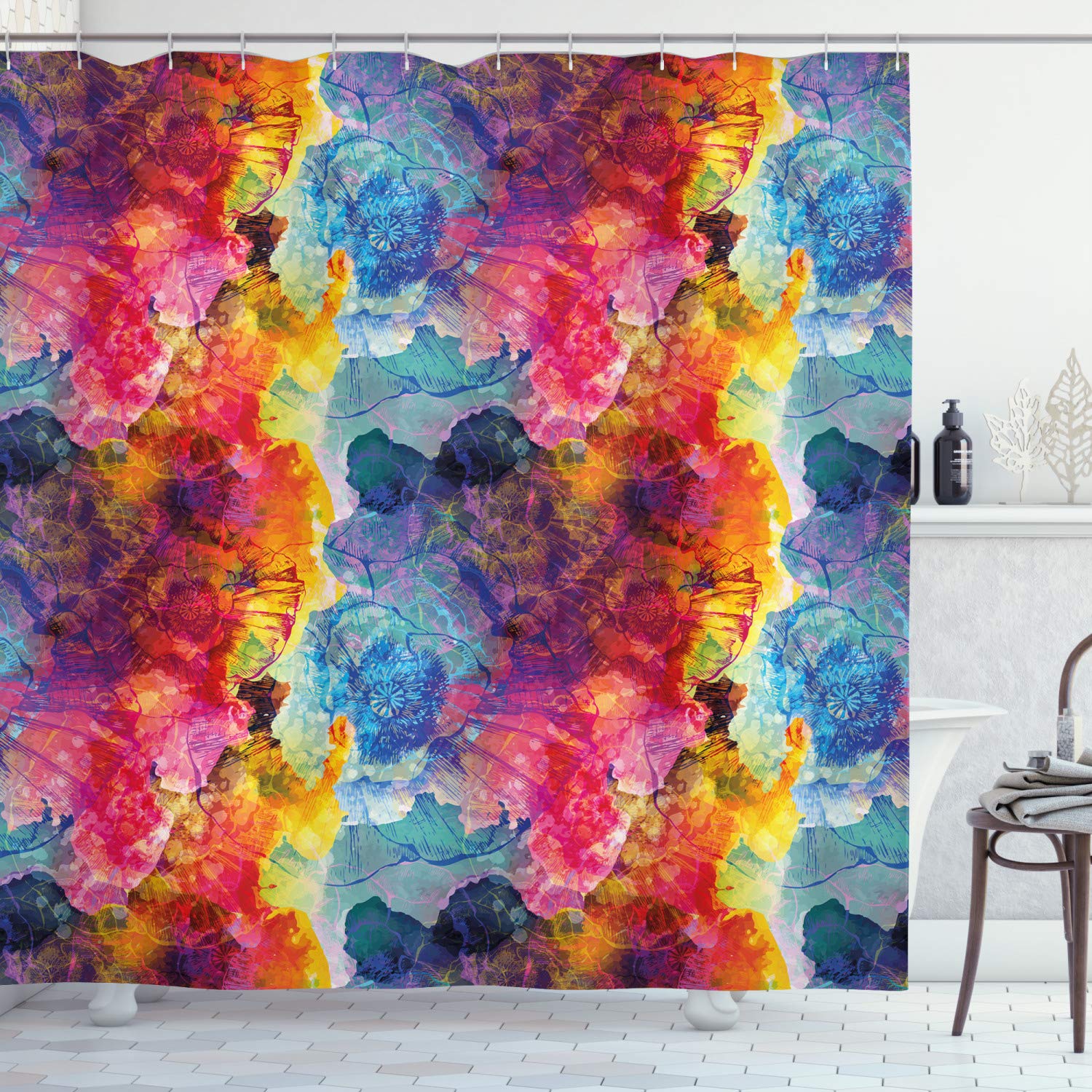 ABAKUHAUS Colorful Shower Curtain, Abstract Modern Art Expression Pattern Vector Illustration Design Artwork Print, Cloth Fabric Bathroom Decor Set with Hooks, 94 Inches, Multicolor