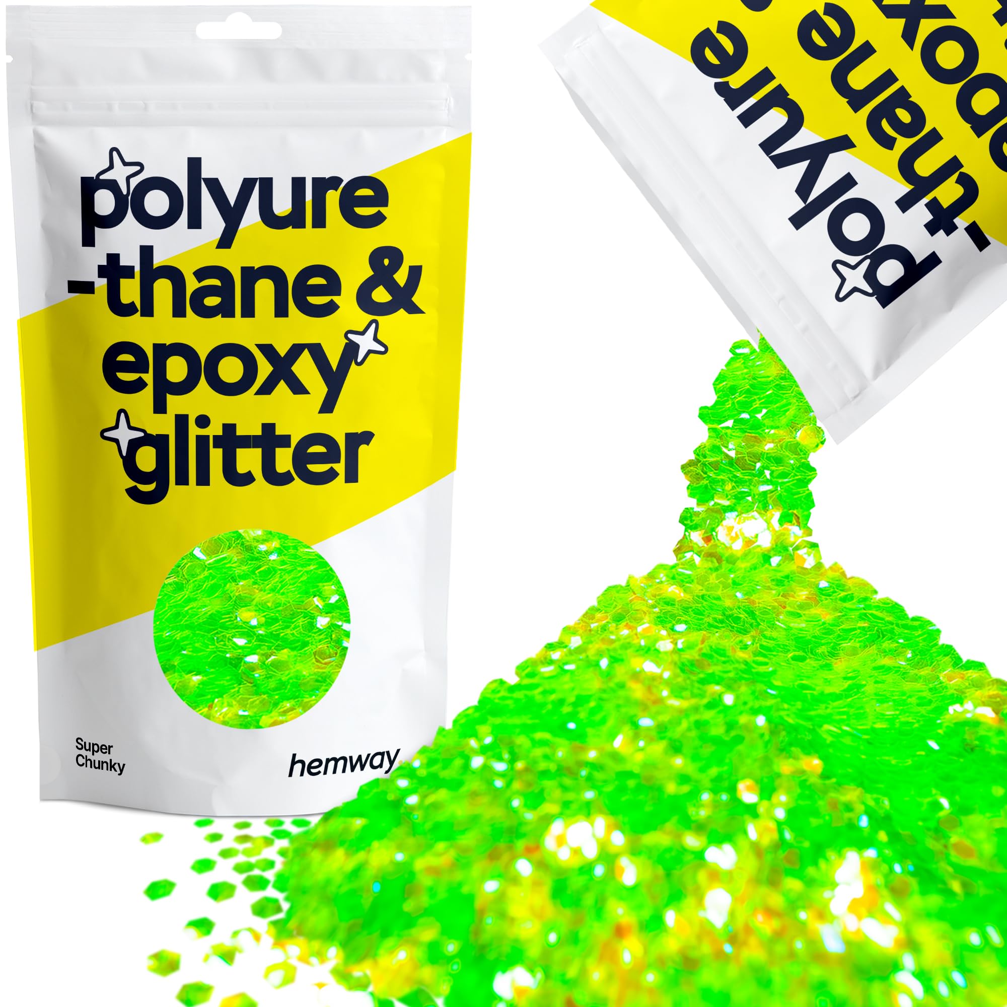 Hemway Resin Glitter Fluorescent Green 100g Super Chunky | Polyurethane & Epoxy Glitter for Resin Crafts, Tumblers, Coasters, Floor & Table Art