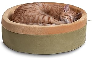 K&H Pet Products Thermo-Kitty Bed Heated Cat Beds for Large Indoor Cats & Dogs, Calming Warming Pillow Pet Bed, Machine Washable, Removable Heater, Safety Listed - Large 20" Round Sage/Tan
