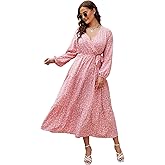 KOJOOIN Women Plus Size V Neck Wrap Maxi Dress High Waist Long Lantern Sleeves Ruffle Hem Casual Dress with Belts Pink White Flower L