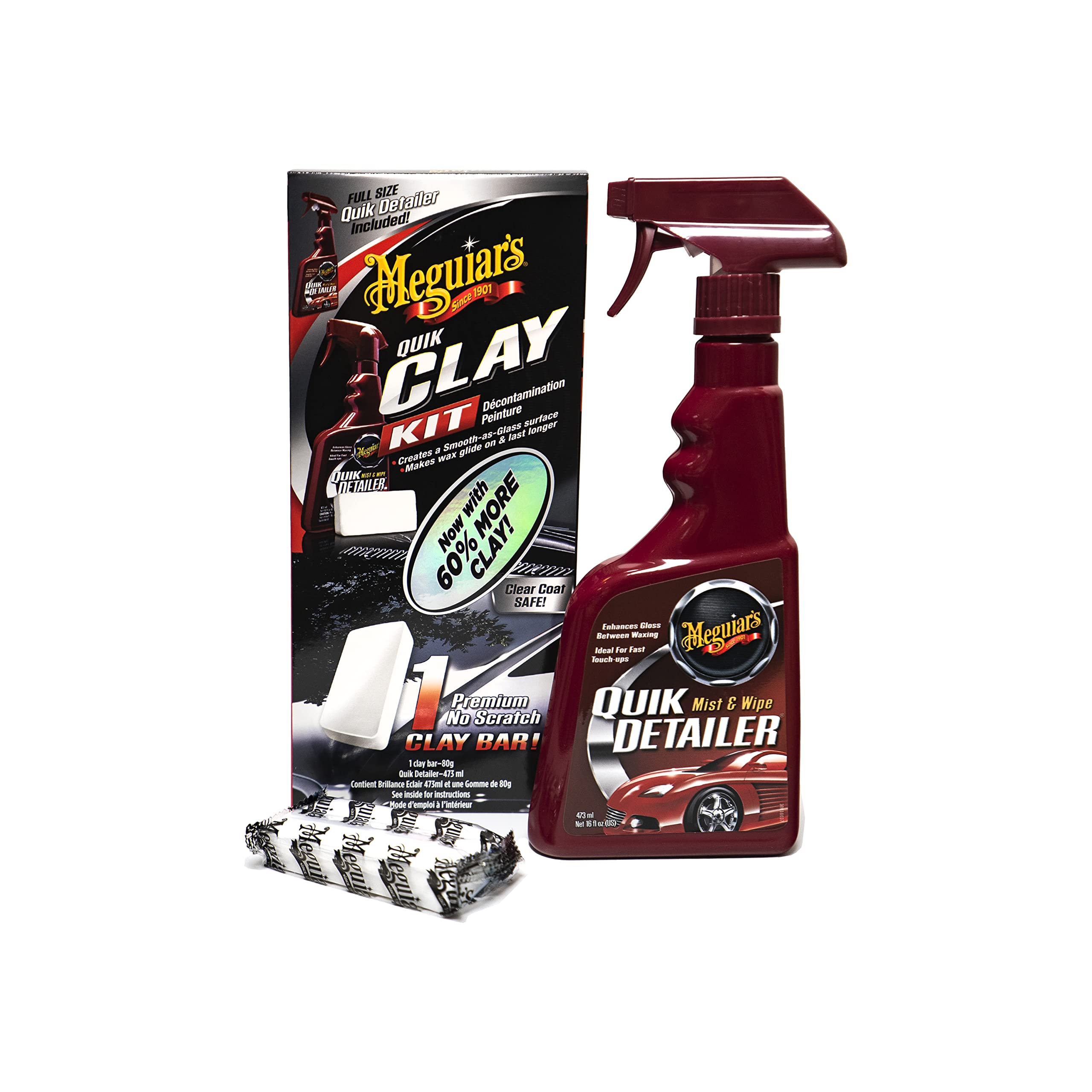 Meguiar's G1116EU Quik Clay Bar Starter Kit With 80g Of Clay And 473ml Detailer To Safely Remove Surface Bonded Contaminants Such As Tar, Tree Sap, Overspray And Industrial Fallout