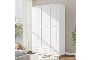 LABROSKIA White 3 Door Wardrobe Closet: Bedroom Armoire with 2 Drawers, Wooden Closet for Hanging Clothes, Wood Cabinet with Shelves for Clothes Storage (White, 47")