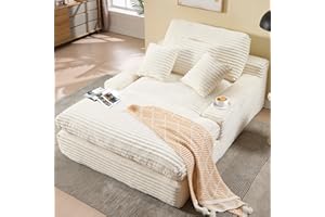 Cudalw 75" Oversized Chaise Lounge Chair Indoor, Reading Chair Corduroy Chaise Couch Recliner, Upholstered Boneless Comfy Sleeper Sofa Bed with Throw Pillows and Armrests for Living Room, Beige