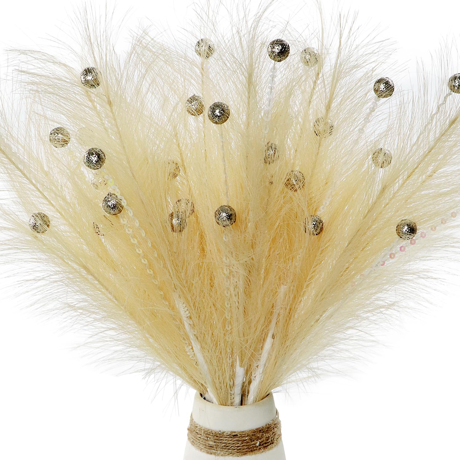 Kunjocy Pack of 4 Christmas Feather Sequins Berries Picks, 40cm Christmas Tree Large Feathers Glittering Sequins Berries Decorations for Xmas Decor Crafting Home Decorative Vase filling (Champagne)