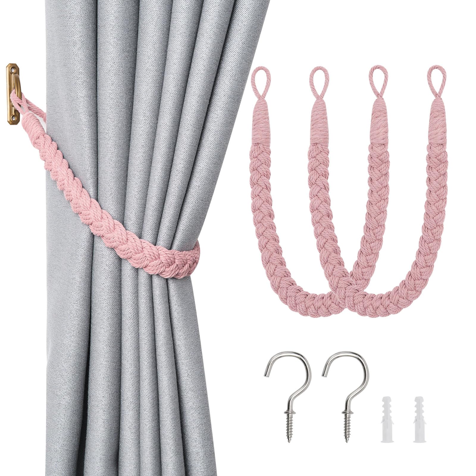 Pretty Jolly 2 Pack Natural Cotton Rope Curtain Tiebacks Elegant Boho Style Decorative Drape Tie Backs Soft Hand-Woven Rope Curtain Holdbacks with Metal Hook for Home & Office Drapery (Pink)