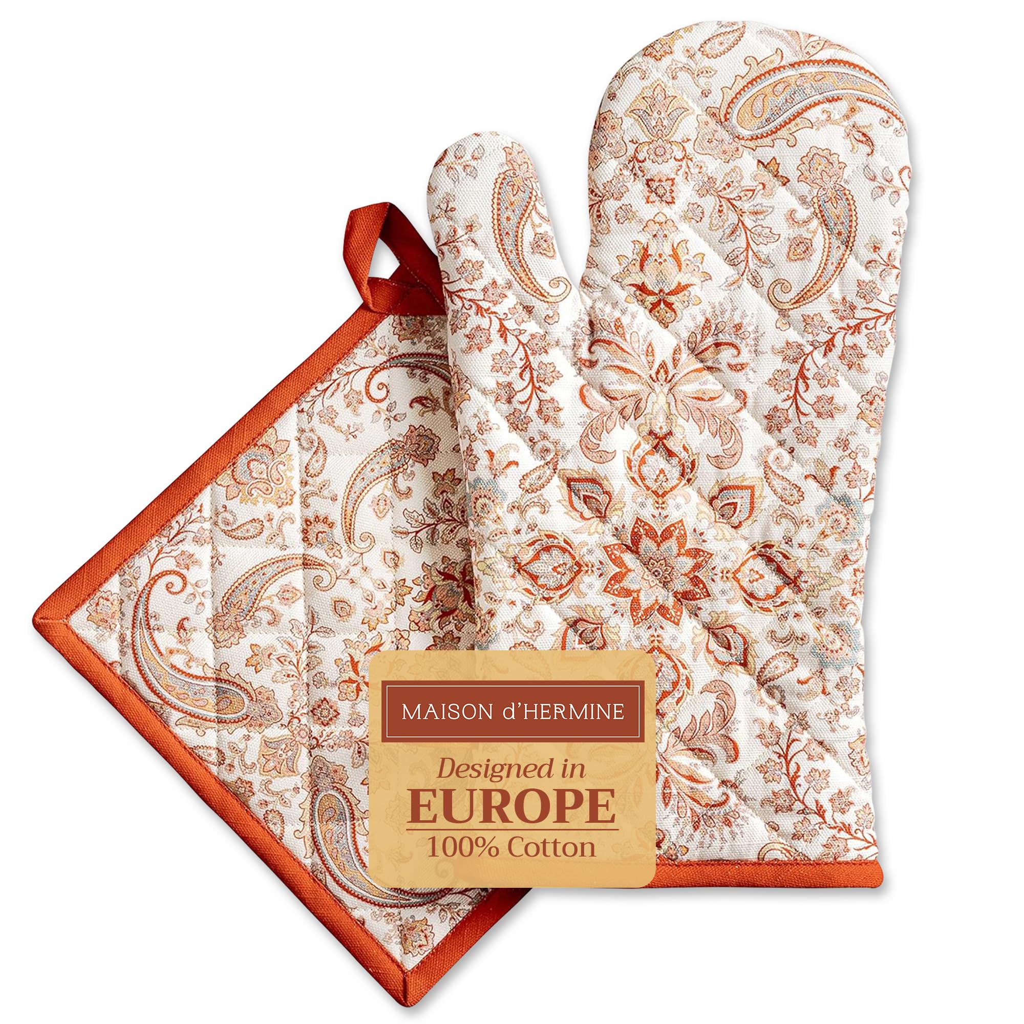 Maison d' Hermine 100% Cotton Oven Mitt & Pot Holder Set (19 x 33 cm & 20 x 20 cm) Heat Resistant BBQ Cooking Gloves with Loop for Christmas Decorations Baking Handling Hot Pans (Cachemire)