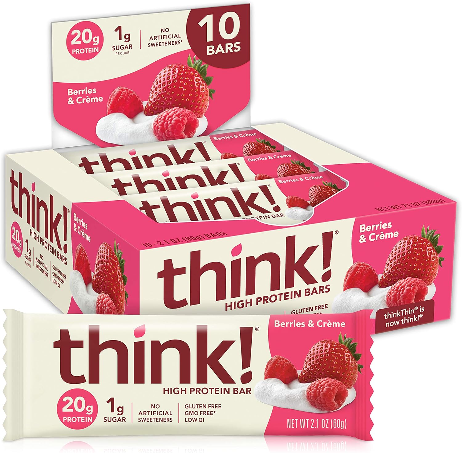 think! High Protein Bars - Berries & Crème, 20g Protein, 1g Sugar, No Artificial Sweeteners, Gluten Free, GMO Free, 2.1 oz bar (10 Count)