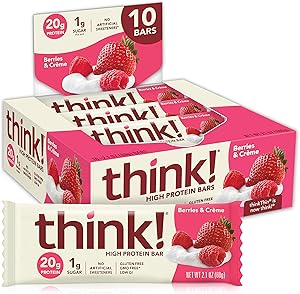 think! High Protein Bars - Berries & Crème, 20g Protein, 1g Sugar, No Artificial Sweeteners, Gluten Free, GMO Free, 2.1 oz bar (10 Count)