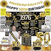 Turypaty 1976 50th Birthday Decorations for Men Women, Black Gold Happy 50 Years Old Birthday Banner Backdrop Wall Sign Balloons Sash Table Cake Topper Honeycomb Centerpieces Paper Fans Party Supplies