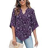 Micoson Dressy Tops for Women Casual Summer 3/4 Length Sleeve Chiffon Blouses V Neck Floral Shirts Purple XXL