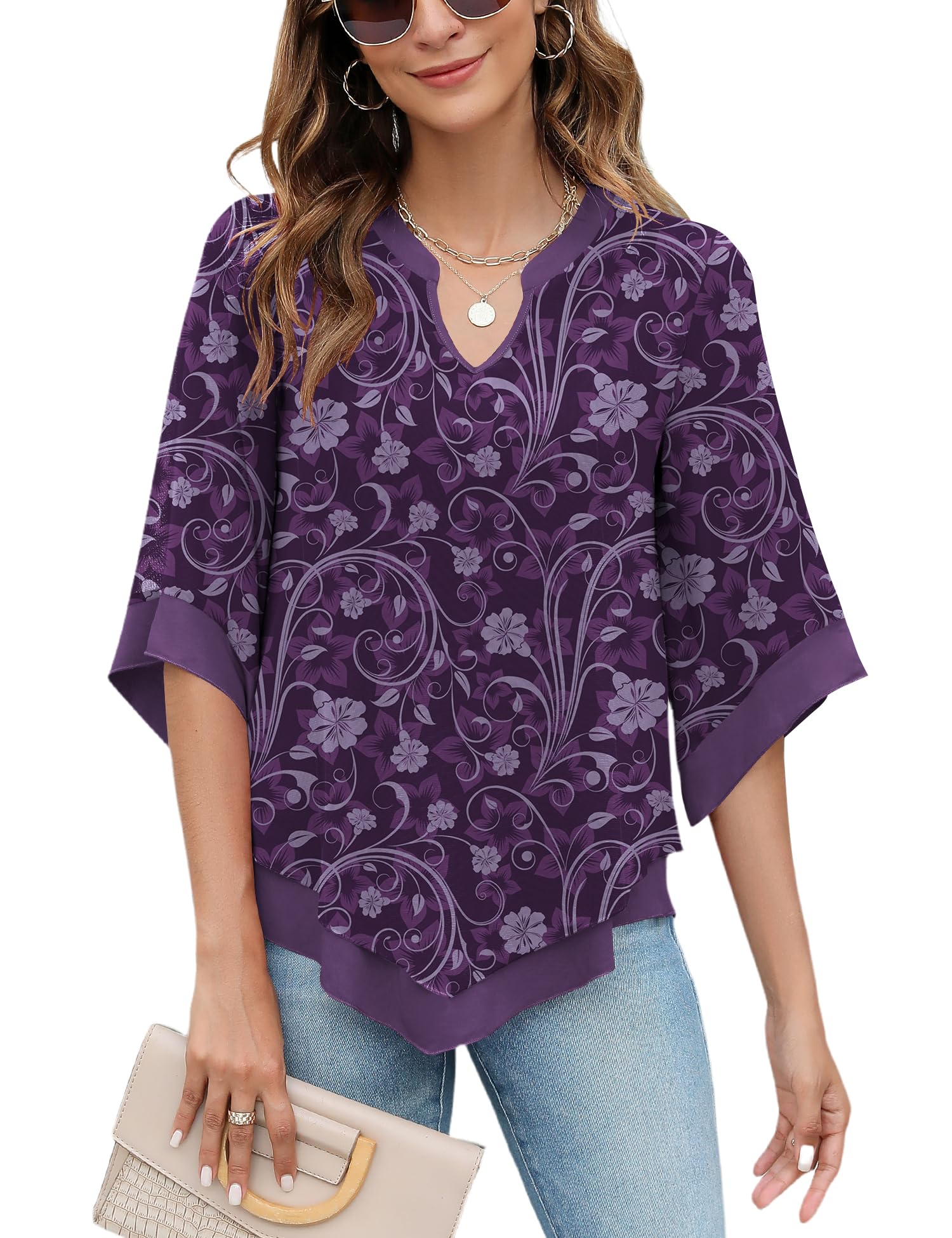 Classic 3/4 Sleeve Lizzy Top in Purple Floral