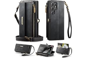 Phone Case for iPhone 17, Matte Leather Wallet Cover with Zipper Detachable Wrist Strap and Shoulder Strap