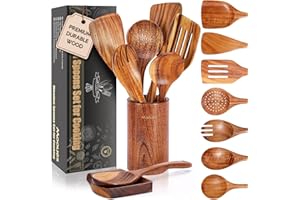 9 PCS Wooden Spoons for Cooking, Wooden Utensils Set with Spoon Rest for Cooking, Natural Teak Wood Utensils Set NonStick Com