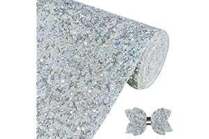 Greatdiy Sparkly Laser Silver Chunky Glitter Faux Leather Roll 12 x 52 inch Shiny Solid Color Synthetic Leatherette Fabric for Bows Crafts (16013#23)