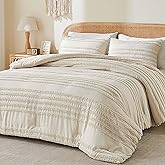 BEDELITE Boho Comforter Set Queen Size, Beige Tufted Striped Bed Set 3 Pieces, Soft Cream Vintage Farmhouse Comforter for All Seasons, Boho Home Decor,Fluffy Jacquard Bedding with 2 Pillow Shams