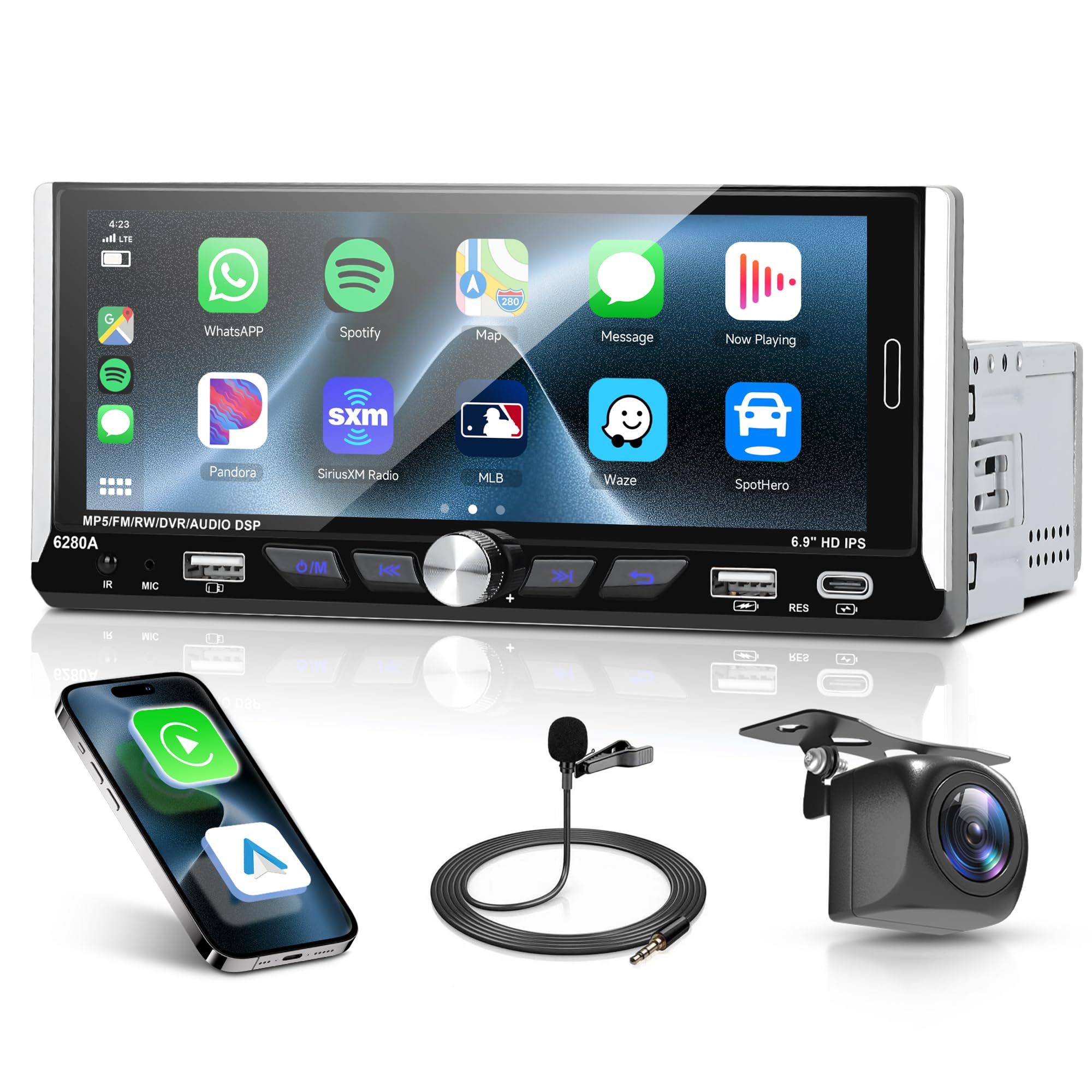 Rimoody 2G 64G Android Single Din Car Stereo with Wireless CarPlay/Android Auto 6.9 Inch Touch Screen Car Radio Bluetooth GPS Navigation FM/RDS Mirror Link USB Type-C Backup Camera