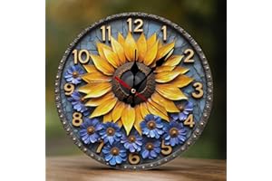 Decorative Wall Clocks Battery Operated - 10 Inch Modern Wooden Vintage Yellow Sunflower-B 2D Print Non Ticking Silent for Li