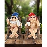 iStatue Funny Gnomes in Rocking Chair - 2 Pack Resin Middle Finger Decor Collectible Naked Gnome Figurines - Naughty Gifts for Garden, Home and Office