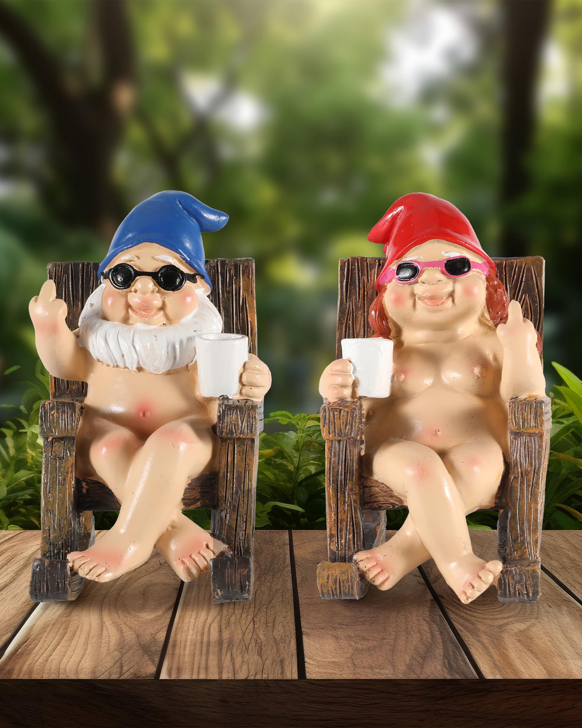 Photo 1 of iStatue Funny Gnomes in Rocking Chair - 2 Pack Resin Middle Finger Decor Collectible Naked Gnome Figurines - Naughty Gifts for Garden, Home and Office