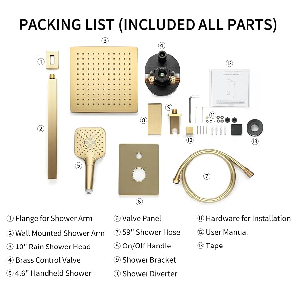 CASTA DIVA BRUSHED GOLD RAIN SHOWER HEAD SYSTEM WITH HANDHELD SPRAY COMBO, SHOWER DIVERTER AND BRASS VALVE TRIM KIT, FAUCET SET, WALL MOUNTED, SQUARE