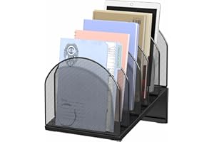 OUTIOE 5-Section Desk File Organizer, Metal Mesh Folder Organizer for Documents, Mail & Office Papers (Black)