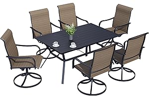 Virvla 7-Piece Outdoor Patio Dining Set, 6 Swivel Rocking Patio Chairs & 1 Rectangular Dining Table for for Backyard Front Porch Pool Deck Outdoor Furniture Set - Light Brown