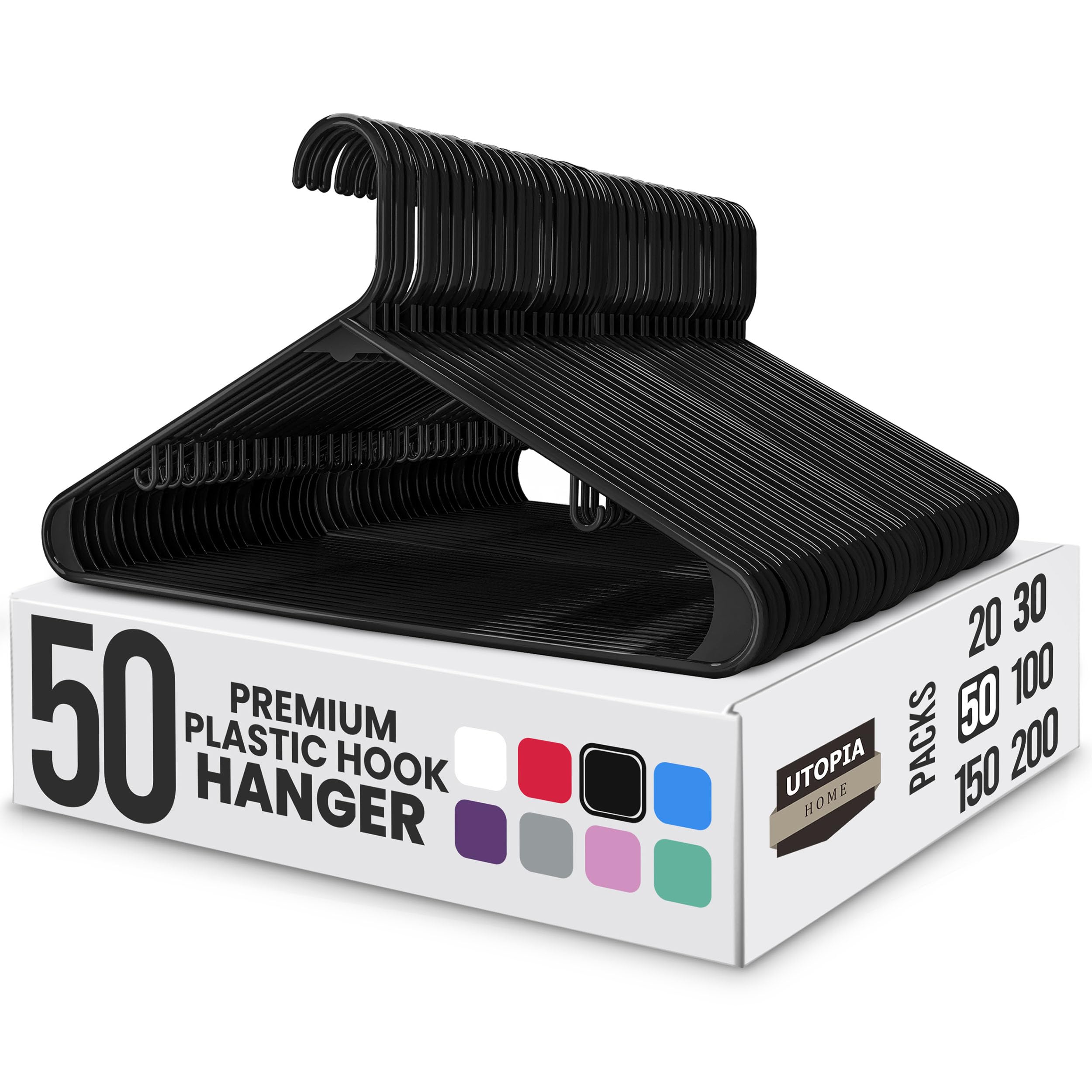 Utopia Home Plastic Hangers 50 Pack – Built-in Strap Hooks Black