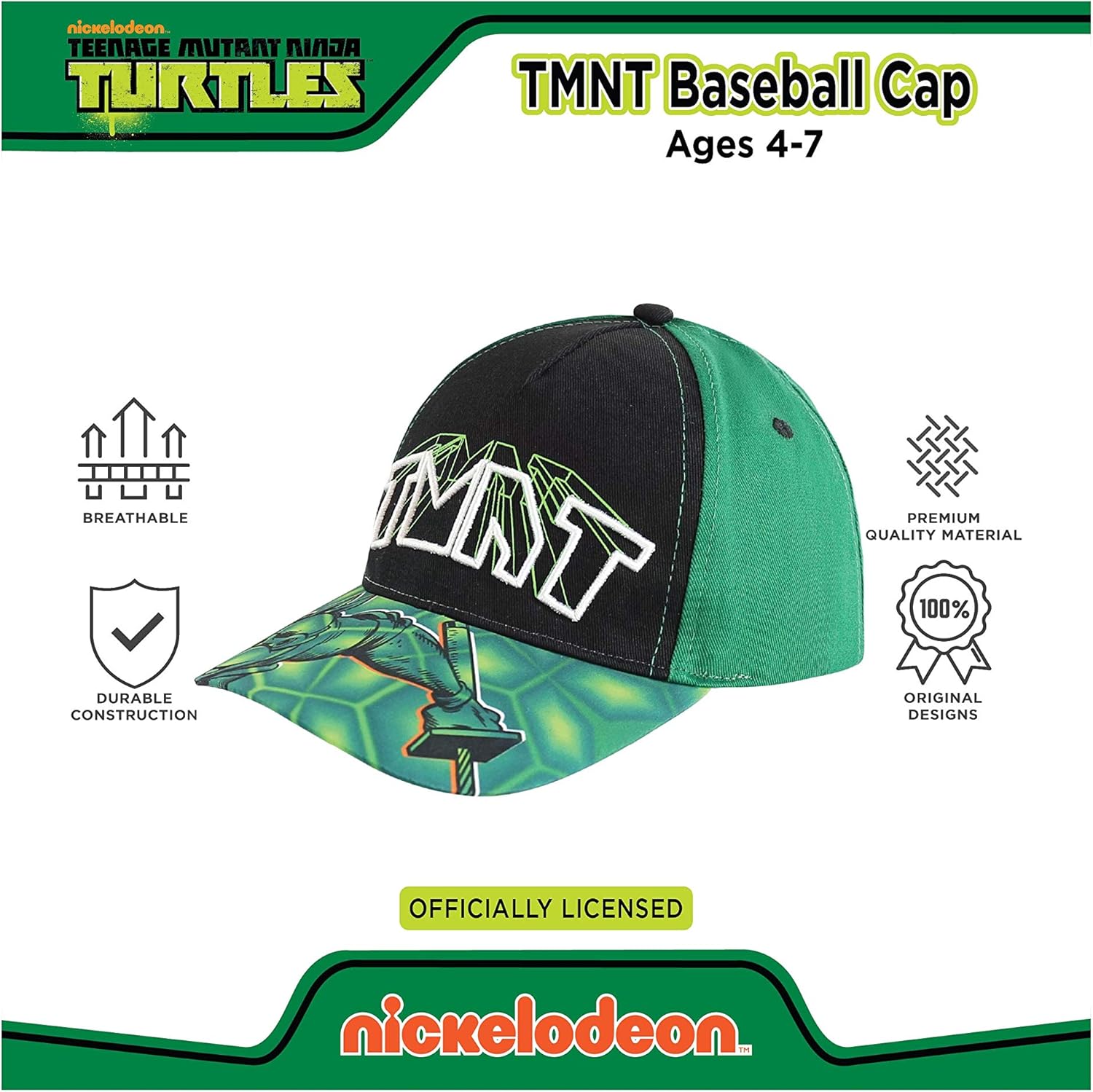 Teenage Mutant Ninja Turtles Kids Hat for Little Boys Ages 3-6 Leonardo Baseball Cap 3D Design, Green: Clothing
