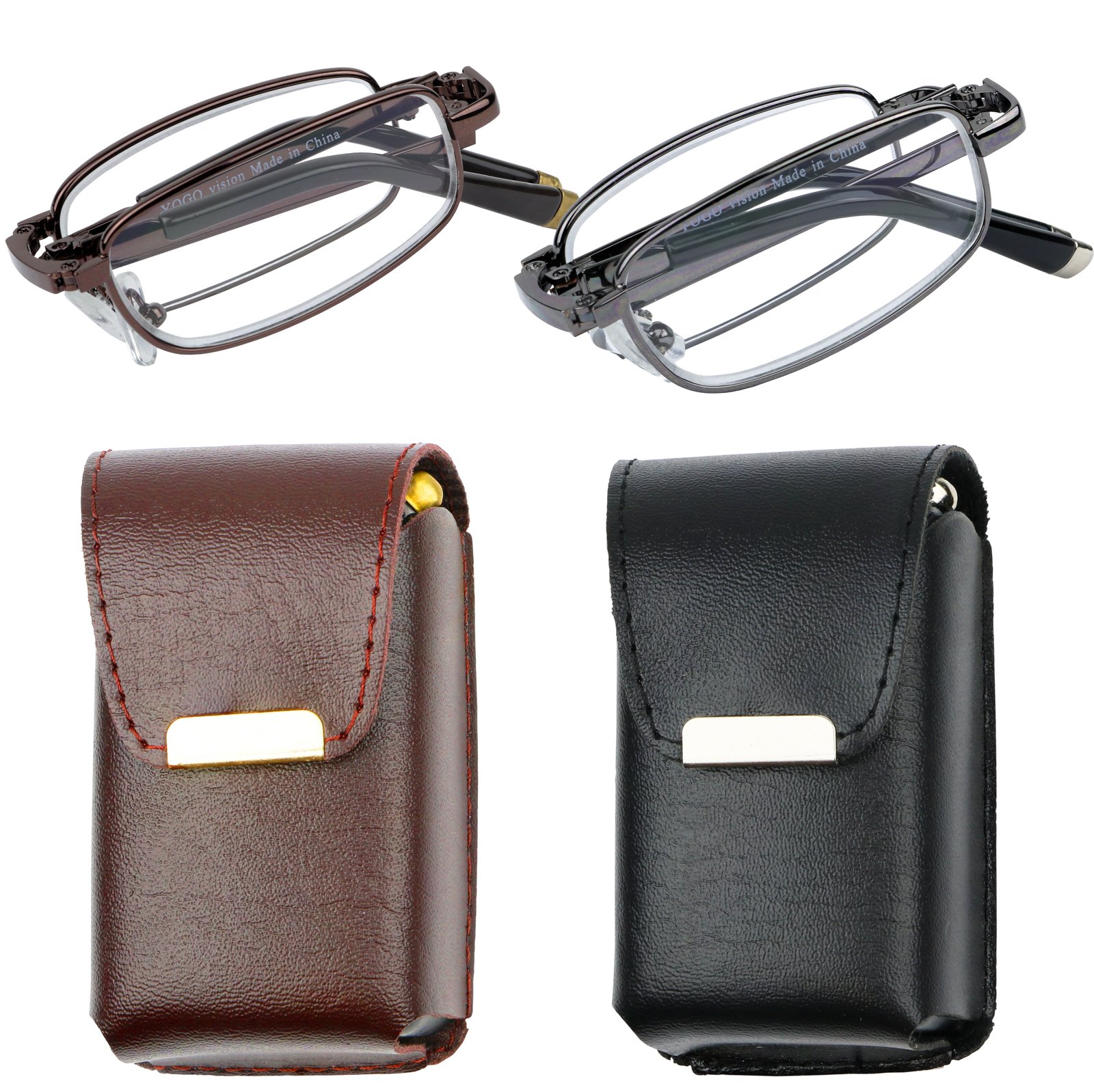DOUBLETAKE 2 Pairs Foldable Readers Reading Glasses in Portable Zip Cases with Clip
