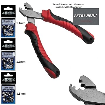Praktisches Klemmhülsen Set mit Hülsenzange und ca 300 Quetschhülsen ( 3 Größen: 1,4 mm, 1,6mm & 1,8 mm) + gratis Petri Heil!