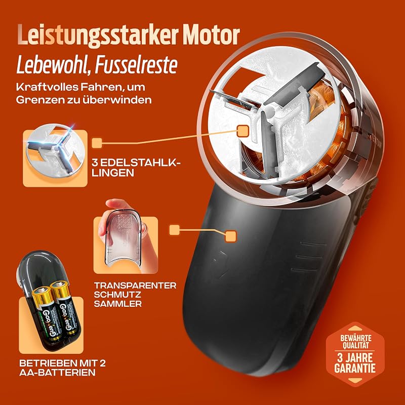 Fusselentferner für alle Kleidungsstücke, entfernt kleine Knötchen, 2 Höheneinstellungen, batteriebetrieben (2 AA-Batterien inkl.), 8 x 12.3 x 5.8 cm, schwarz