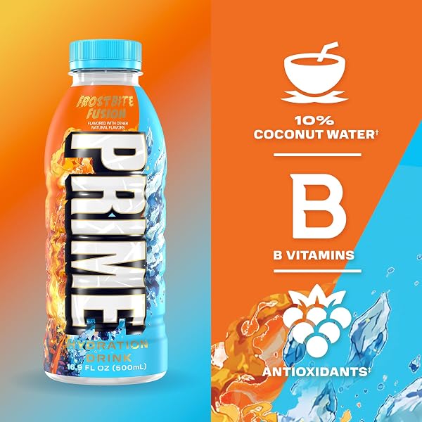 PRIME HYDRATION FROSTBITE FUSION, SPORTS DRINKS WITH COCONUT WATER, ELECTROLYTE ENHANCED TO REPLENISH FLUIDS, ZERO ADDED SUGAR, B VITAMINS, ANTIOXIDANTS, MADE WITH NATURAL FLAVORS, 16.9 FL OZ 12 PACK