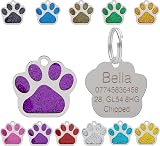 LARRYROO Personalised Engraved Pet Tag 27mm Paw Glitter Stainless Steel Purple