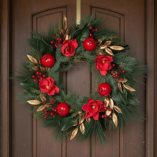 26″ CHRISTMAS WREATH FOR FRONT DOOR, RED GREEN ARTIFICIAL WREATHS WITH MAGNOLIAS & POMEGRANATES, PINE NEEDLESD AND RED BERRIES — PERFECT FOR FARMHOUSE INDOOR OUTDOOR HOME RUSTIC WINTER HOLIDAY DECOR