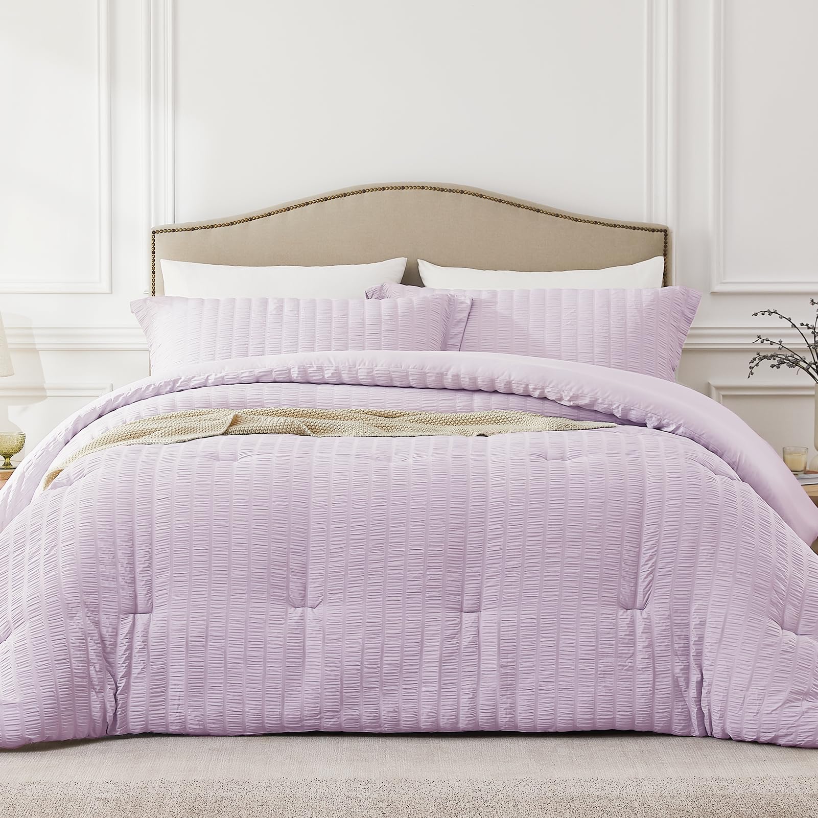Quataly King Comforter Set Light Purple,3PCS Seersucker Lightweight Bedding Comforter for All Season, King Size(104''×90'' Comforter & 2 Pillowcases) Image