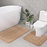 LOCHAS Bathroom Rug Set Beige, Soft Bath Rug Set 2 Piece, Toilet Mat U-Shaped 20x20 and 34x20 Bath Rugs, Quickly Dry Mats for Bathroom, Tub, Washable, Super Absorbent Floor Mat
